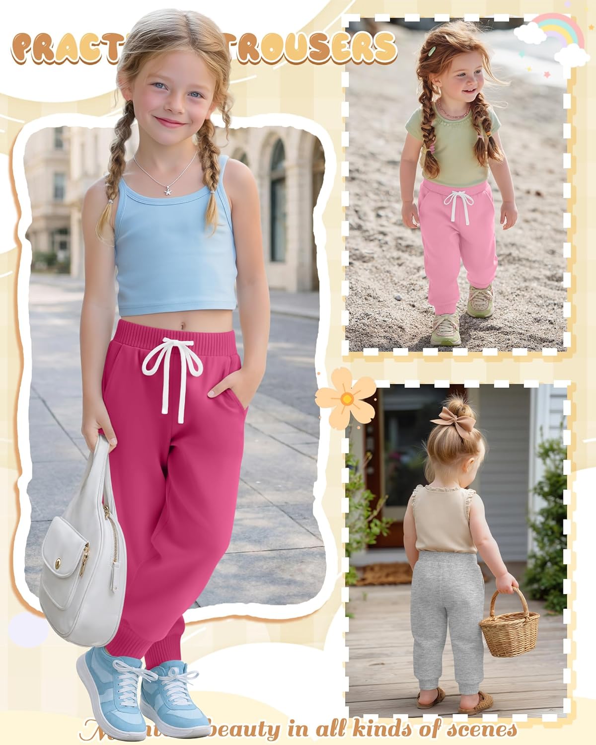 Oakgarden 4 Pack Girls and Toddler Sweatpants Kids Athletic Spring Joggers Girls Summer Pull on Pants with Drawstring Pockets