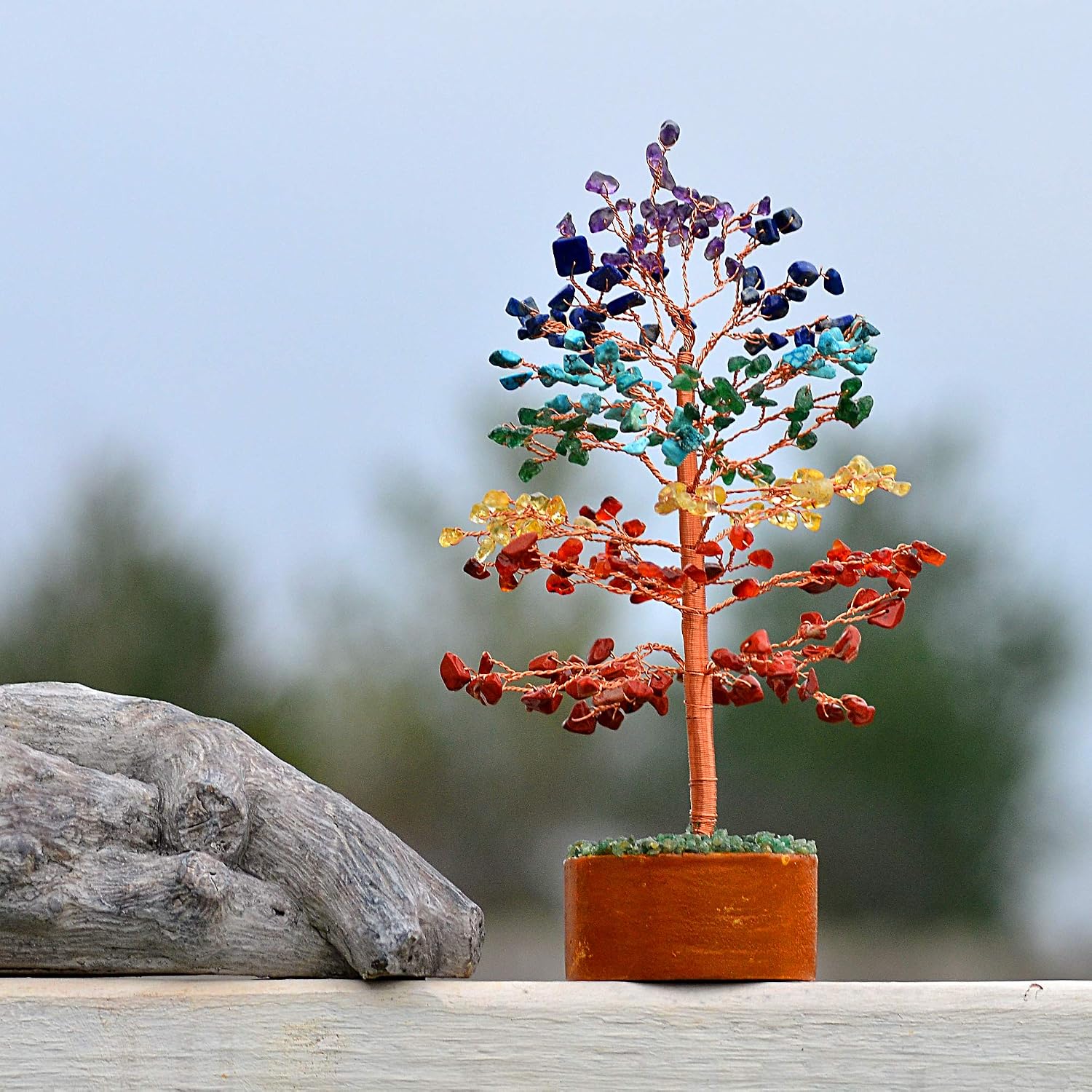 Ever Vibes 7 Chakra Copper Gemstone Tree Tree Handmade Feng Shui Tree of Life Figurine for Reiki Healing, Good Luck, Positive Energy, Fortune | Office, Home Décor Spiritual Gift