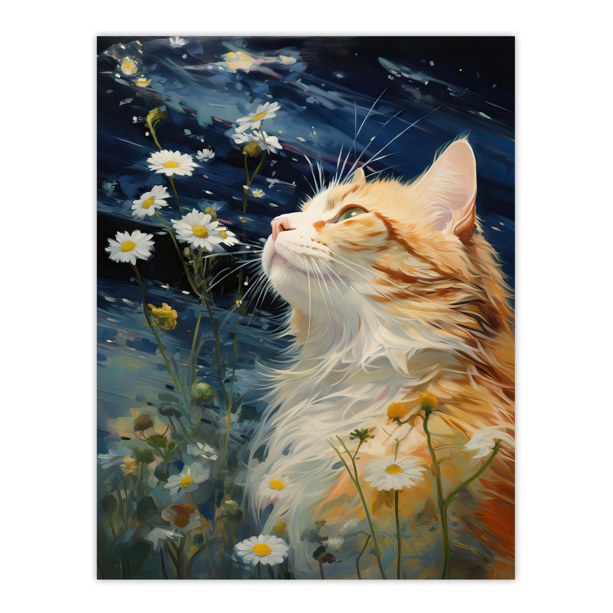 Artery8 Moonlit Cat In Daisy Meadow Norwegian Forest Cat Oil Painting Large Wall Art Poster Print Thick Paper 18X24 Inch