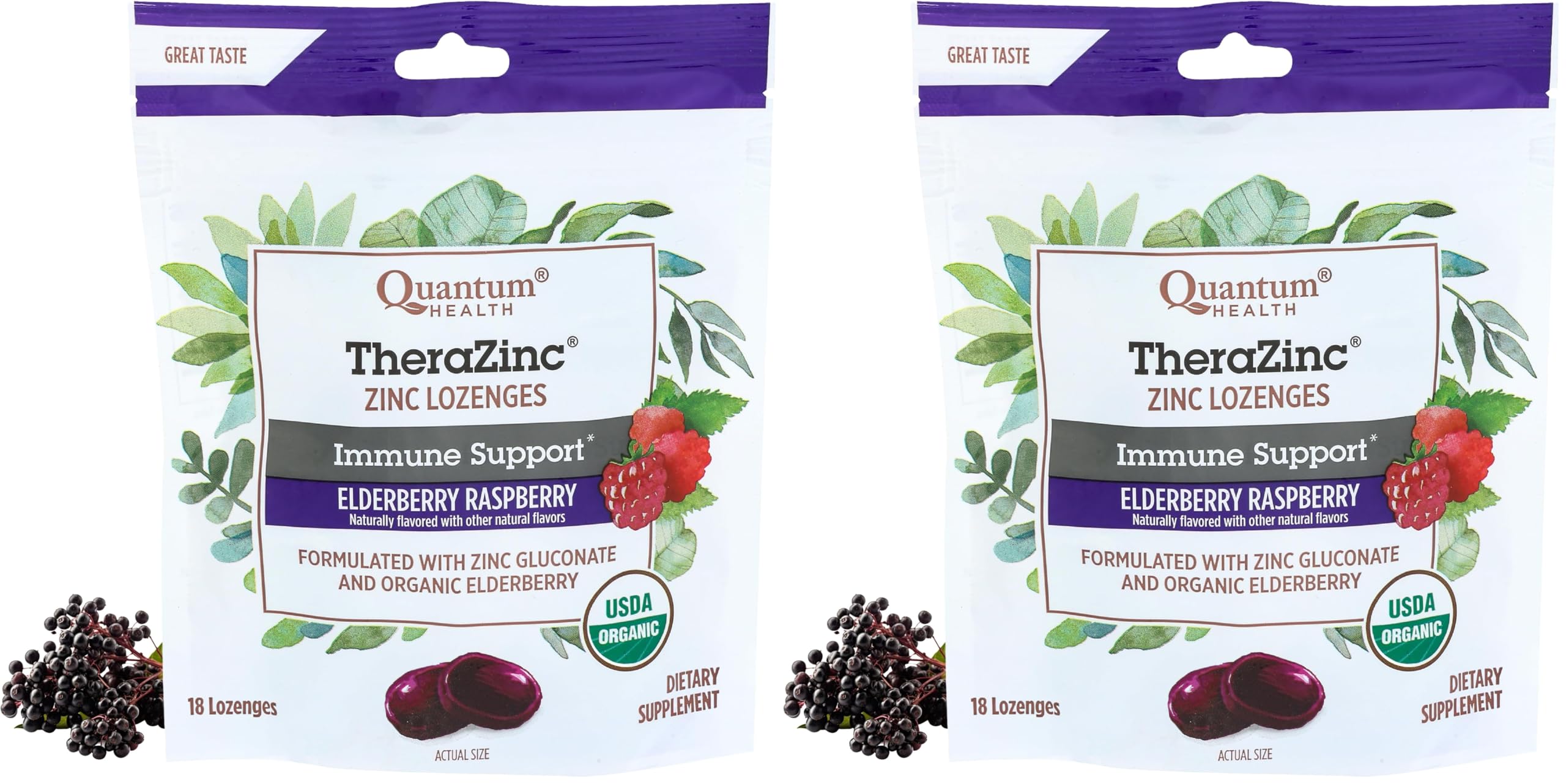Quantum Health TheraZinc Organic Zinc Lozenges, Elderberry Sambucus Raspberry & Honey, Immune Support for Adults & Kids 12+, Fast Relief, No Aftertaste, 18 Count (Package May Vary) (Pack of 2) 18 Count (Pack of 2)