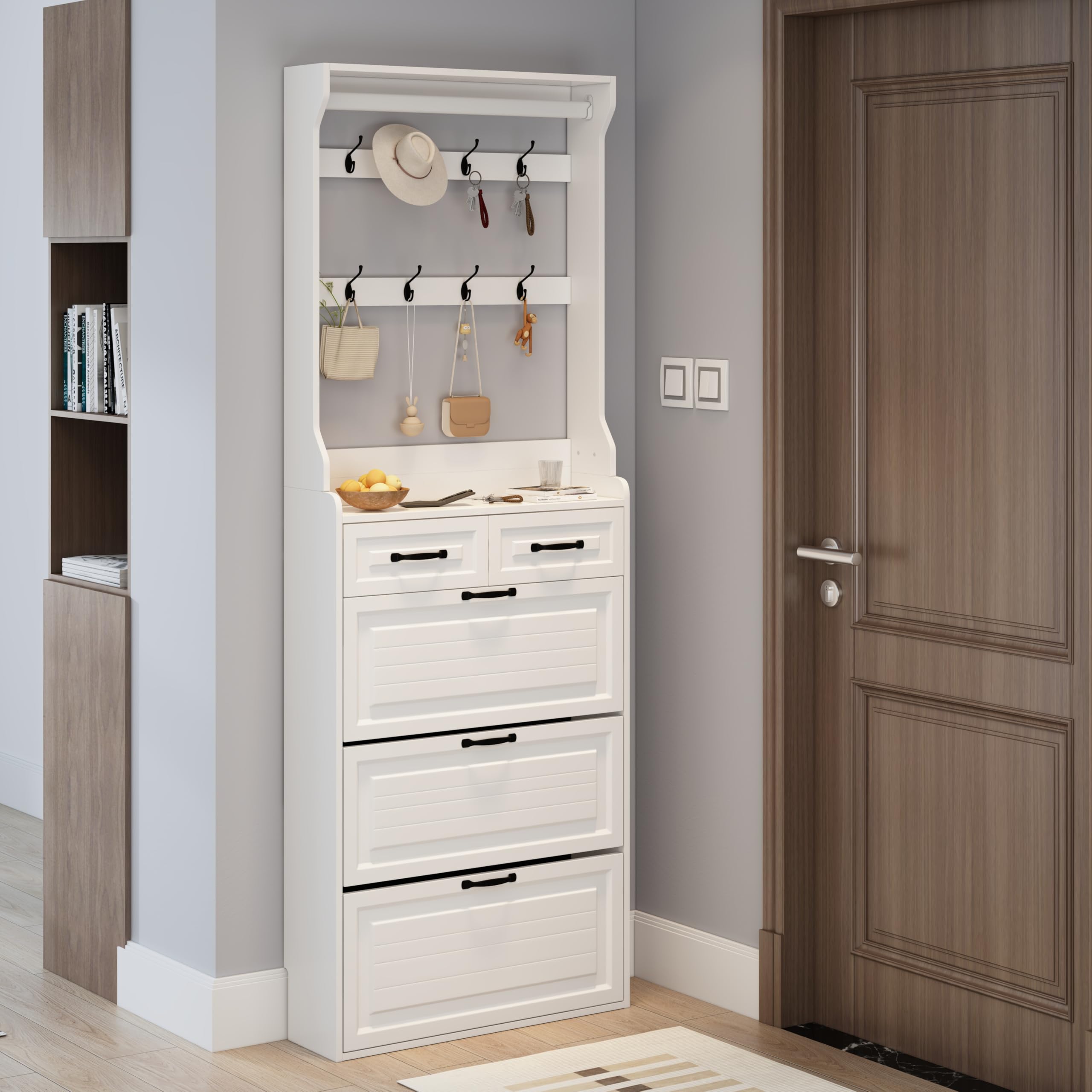 Refined White Shoe Cabinet with Hanger 3 Doors 2 Drawers
