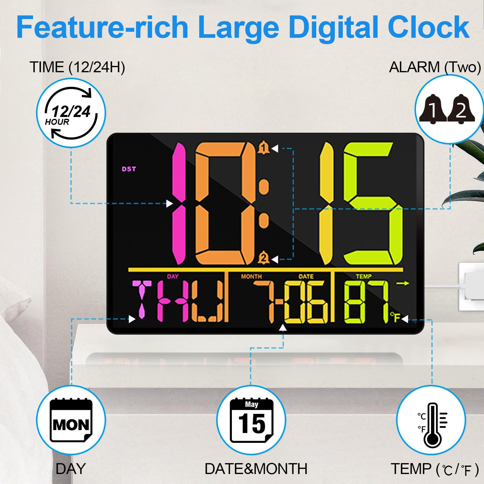 PERSUPER Reloj de pared digital grande de 13 pulgadas con control remoto, cambio de color RGB, 25 tonos de llamada, 0-100% brillo automático/personalizado, temperatura, calendario, 12/24 horas, DST,