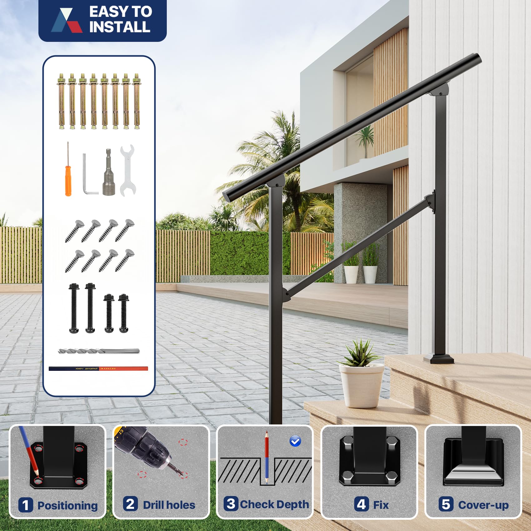 Handrails for Outdoor Steps, 3 Steps Metal Handrails for Indoor/Outdoor, Handrails for Concrete Steps, Wrought Iron Railing, Metal Porch Handrail, Deck Railing with Installation Kit