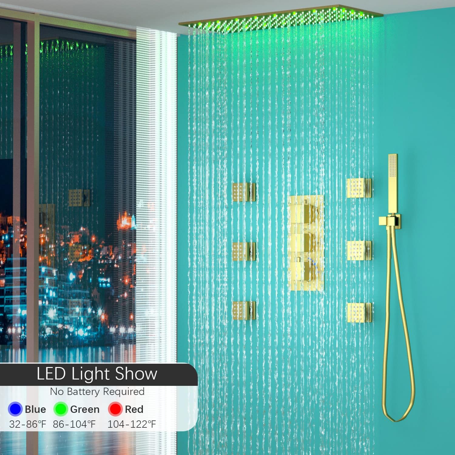 Enga 32x16 Inch Thermostatic Shower System with Body Jets, Luxury LED Rainfall Couples' Shower with Handheld, Ceiling Mount Rain Shower Faucet Set, Brushed Gold