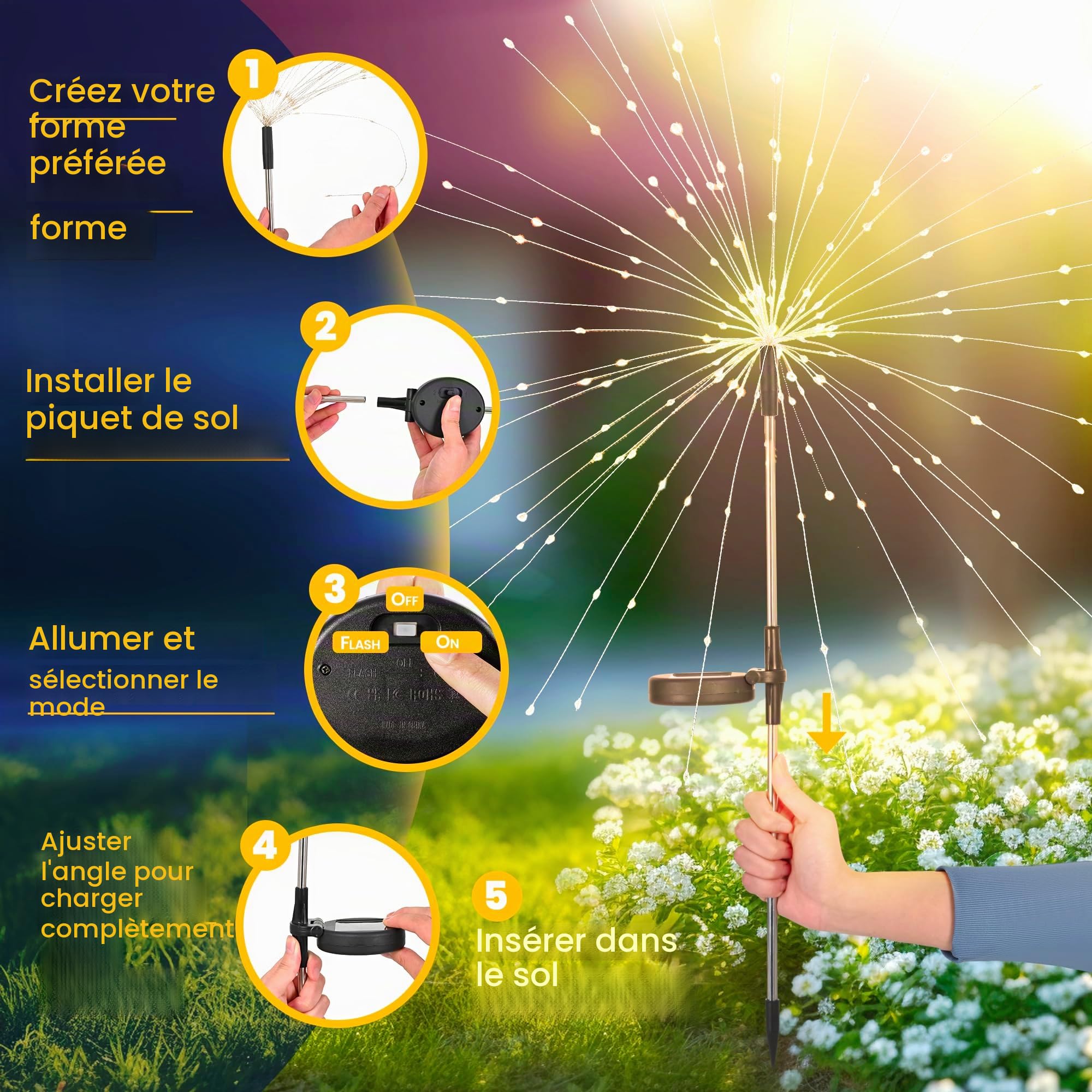 GIGALUMI Lot de 4 Solaires Extérieur Jardin,120 LED Feux d'artifice Solaires,Étanche Lampe Solaire de Pissenlit pour Cour, Pelouse, Fête, Patio, Décoration de Mariage (blanc chaud)