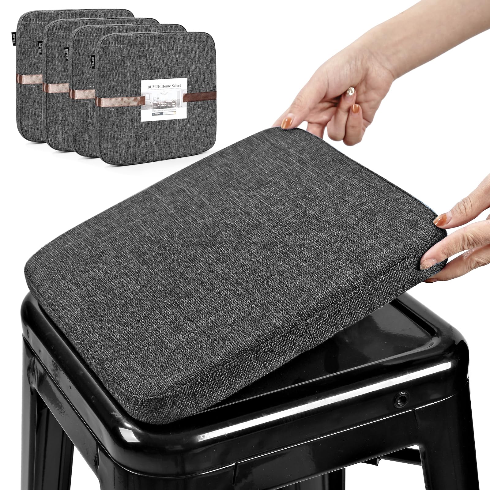 BUYUE Friendly Woven Fabric Magnetic Bar Stool Cushions Set of 4, Enhanced Anti-Slip Breathable Small Chair Seat Pads for Café Bistro Stackable Metal Stools (Square, Dark Gray, 4 Counts)