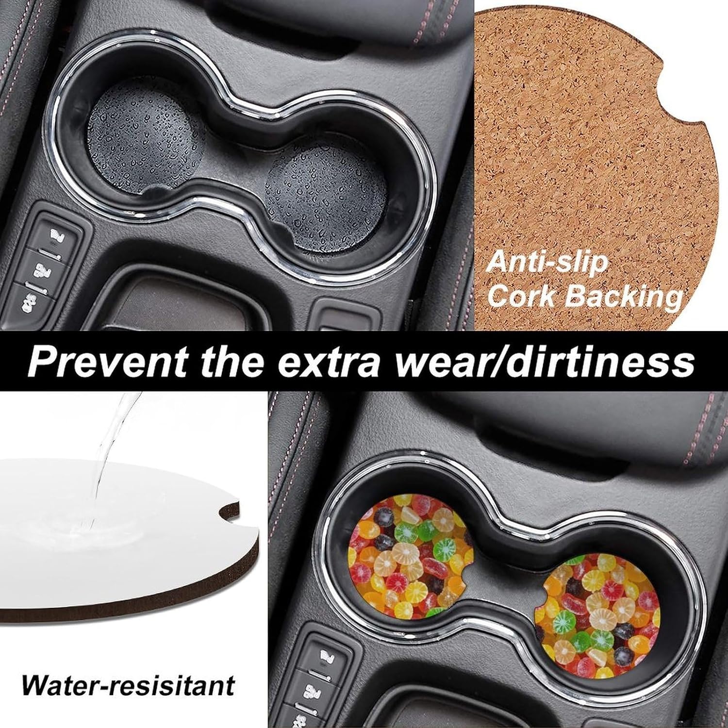 Gummy Fruit Candy Cute Car Coasters 2.56 Inch Absorbent Cup Holder for Drinks Auto Interior Accessories