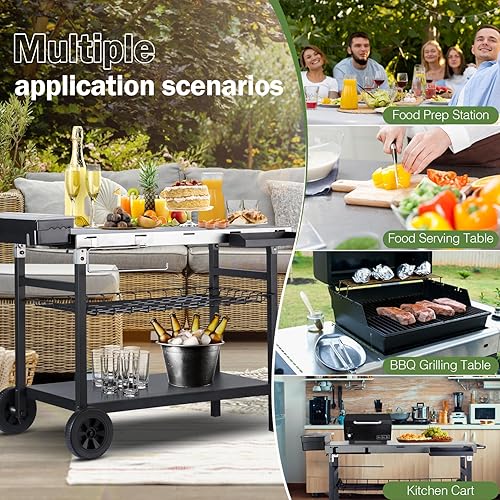 Miniatura 7 de Carrito de parrilla al aire libre, mesa de carrito de comedor de 500 libras con tres estantes, mesa de trabajo y preparación de alimentos movible de