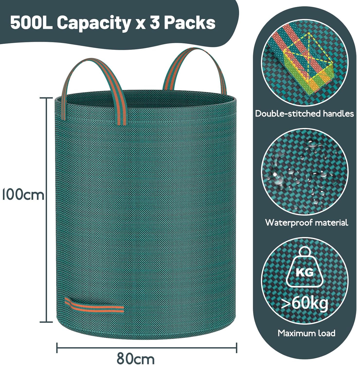 Mokani Reusable Yard Waste Bags, 132 Gallon Lawn and Leaf Bags 3 Packs, Heavy Duty Garden Bags with Reinforced Handles, Camping Yard Recycling Leafc Bag for Leaves