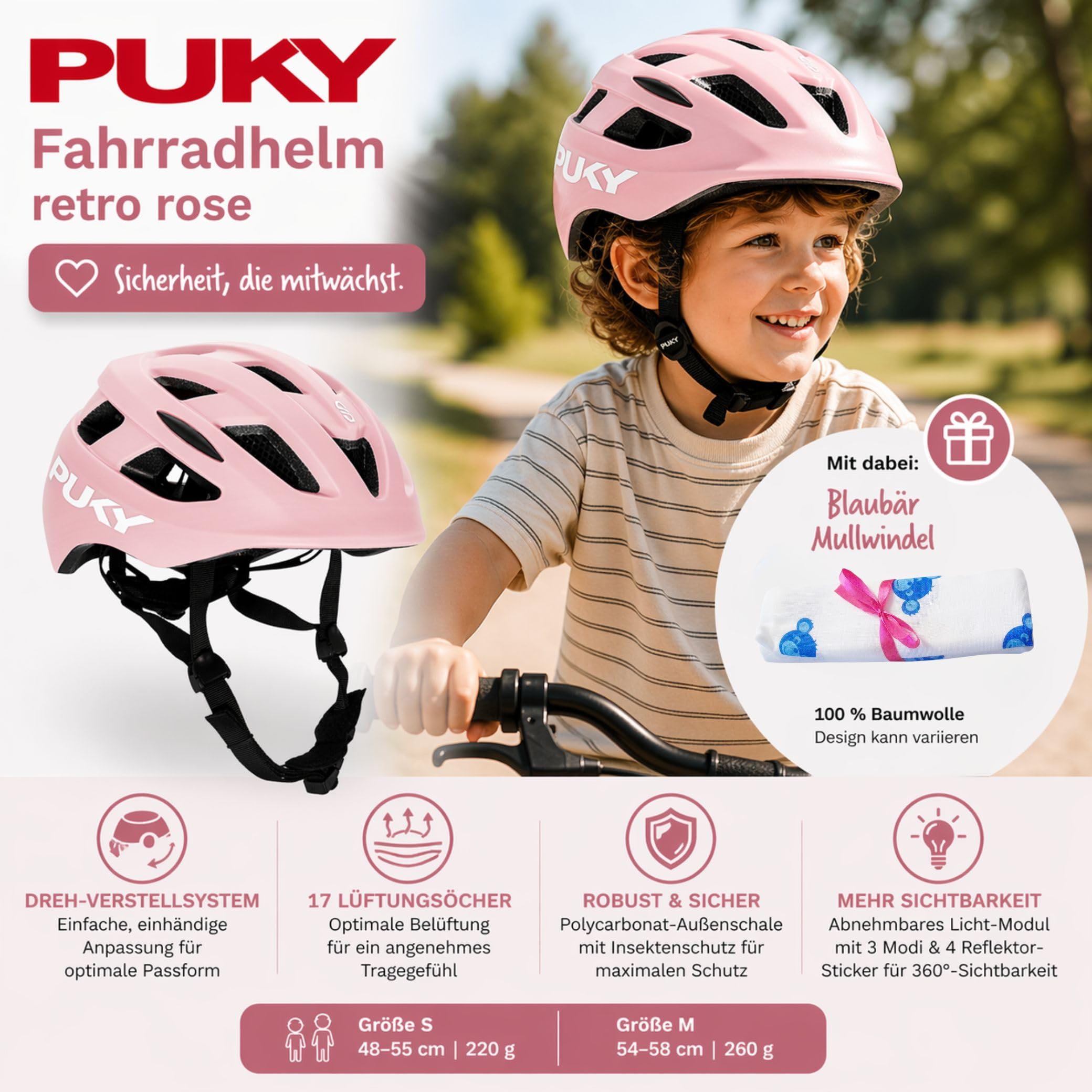 Set Puky Kinder Helm PH 8 PRO Rose & Tuch Blaubaer | Fahrradhelm Maximaler Schutz & Belüftung | Leichtgewicht | Sichtbarkeit durch Licht-Modul | Ideal für Sicherheit und Komfort auf dem Fahrrad