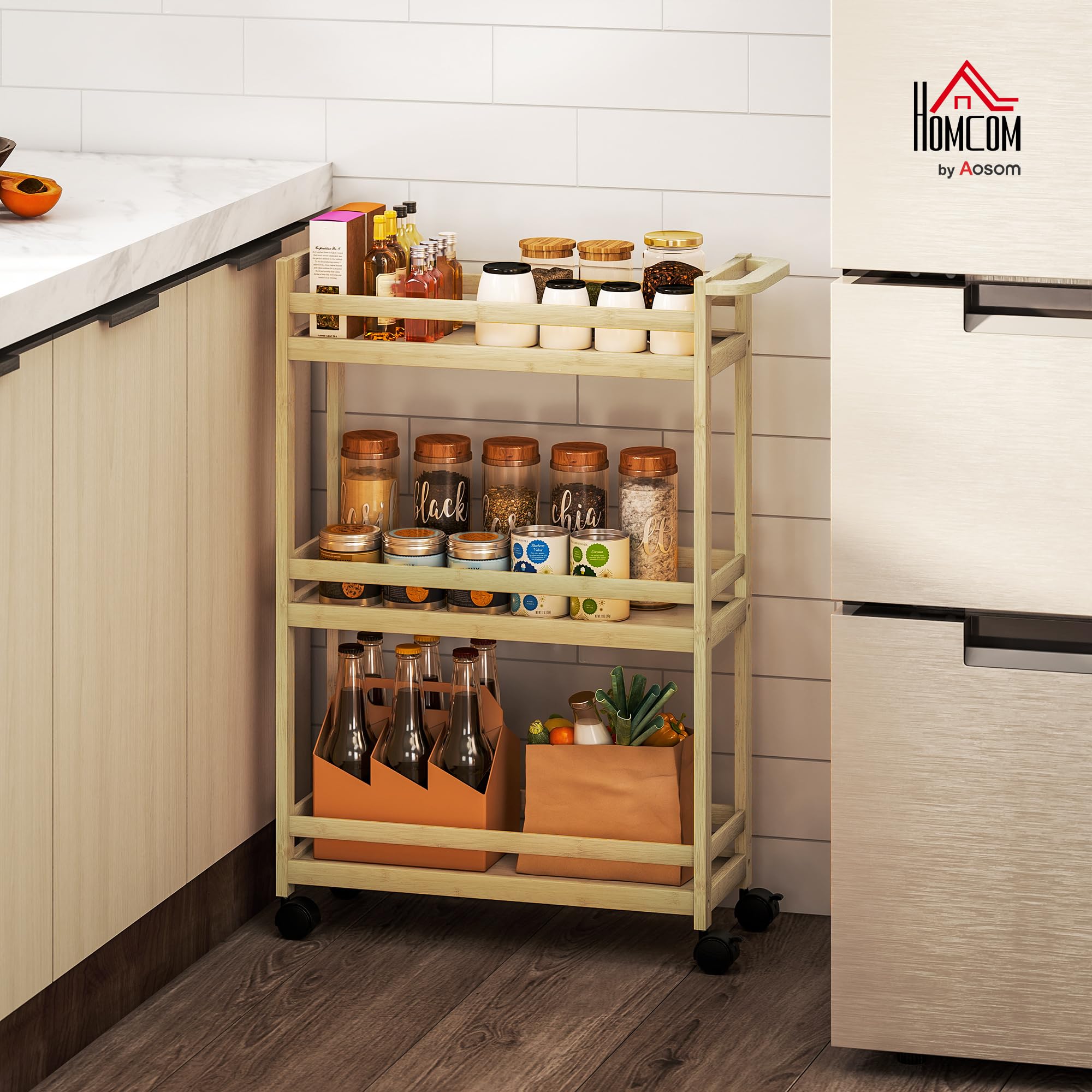 HOMCOM Estantería de Baño de Bambú 3 Niveles con Ruedas 55x20x75 cm Natural