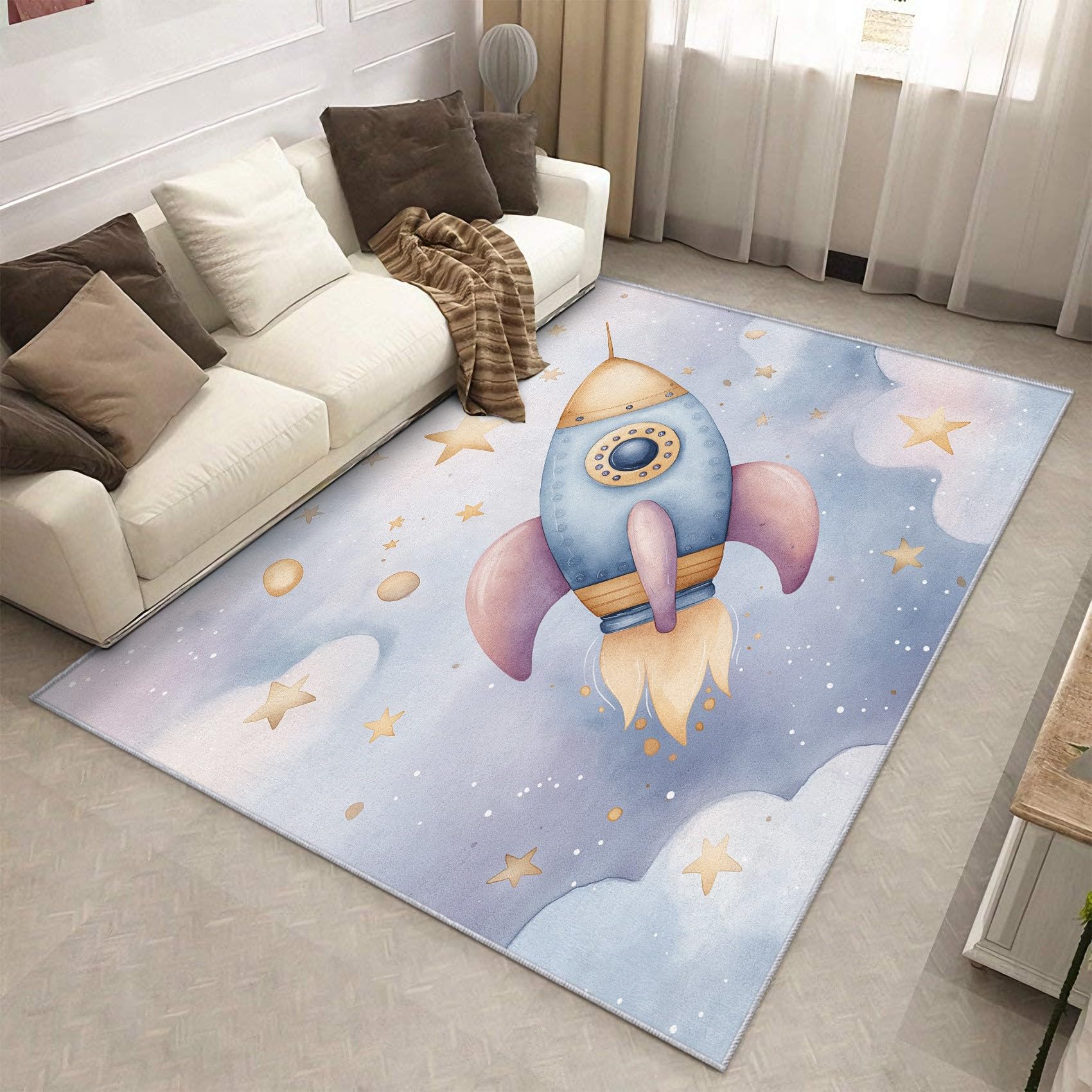 Tapis salon fusée mignon antidérapant et lavable grand format pour chambre
