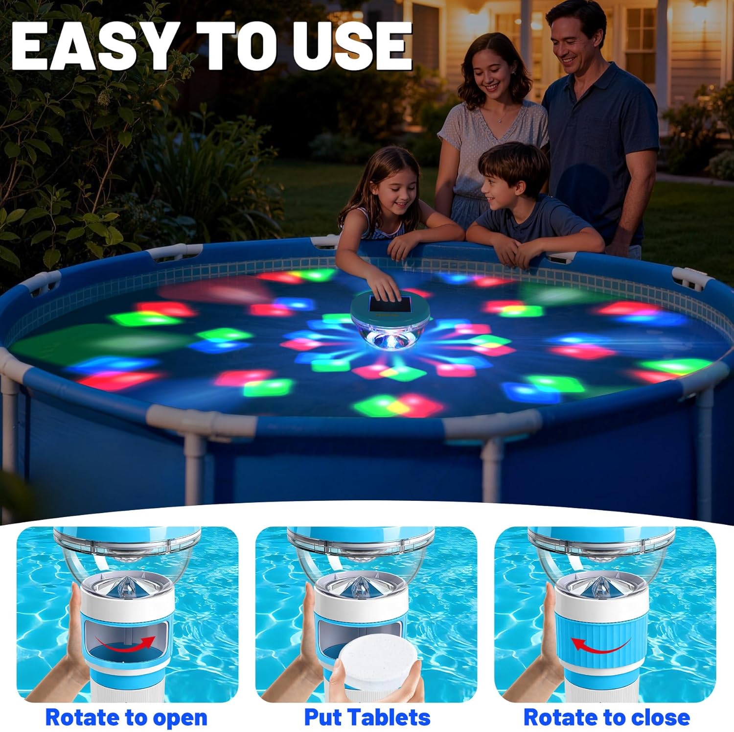 PRAXXIS Solar Chlorine Floater with Rotatable Disco Light, Pool Chlorine Floater Adjustable Flow, Floating Chlorine Dispenser for Pool,Collapsible Chlorine Floater, Chlorine Floater for Hot Tub(White)