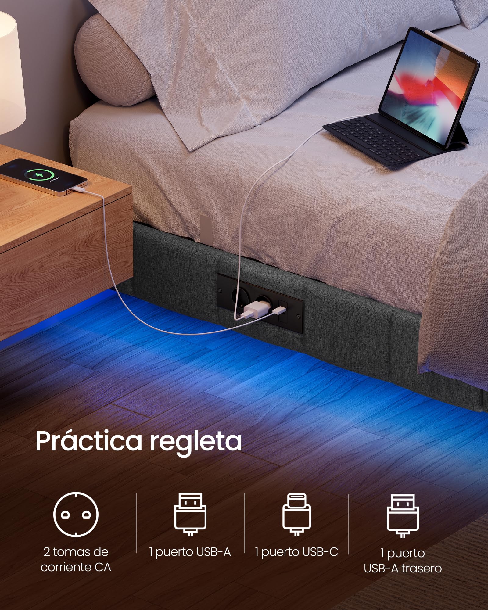 VASAGLE Marco de Cama Flotante, 160 x 200 cm, Bordes Acolchados, LED, 2 Tomas de Corriente, 1 Puerto USB-A, 1 Puerto USB-C, 1 Puerto USB-A Posterior, Carga de 500 kg, Gris Pizarra RMB165G101 | Cama sin cabecero, puertos USB y enchufes, diseño de metal sól