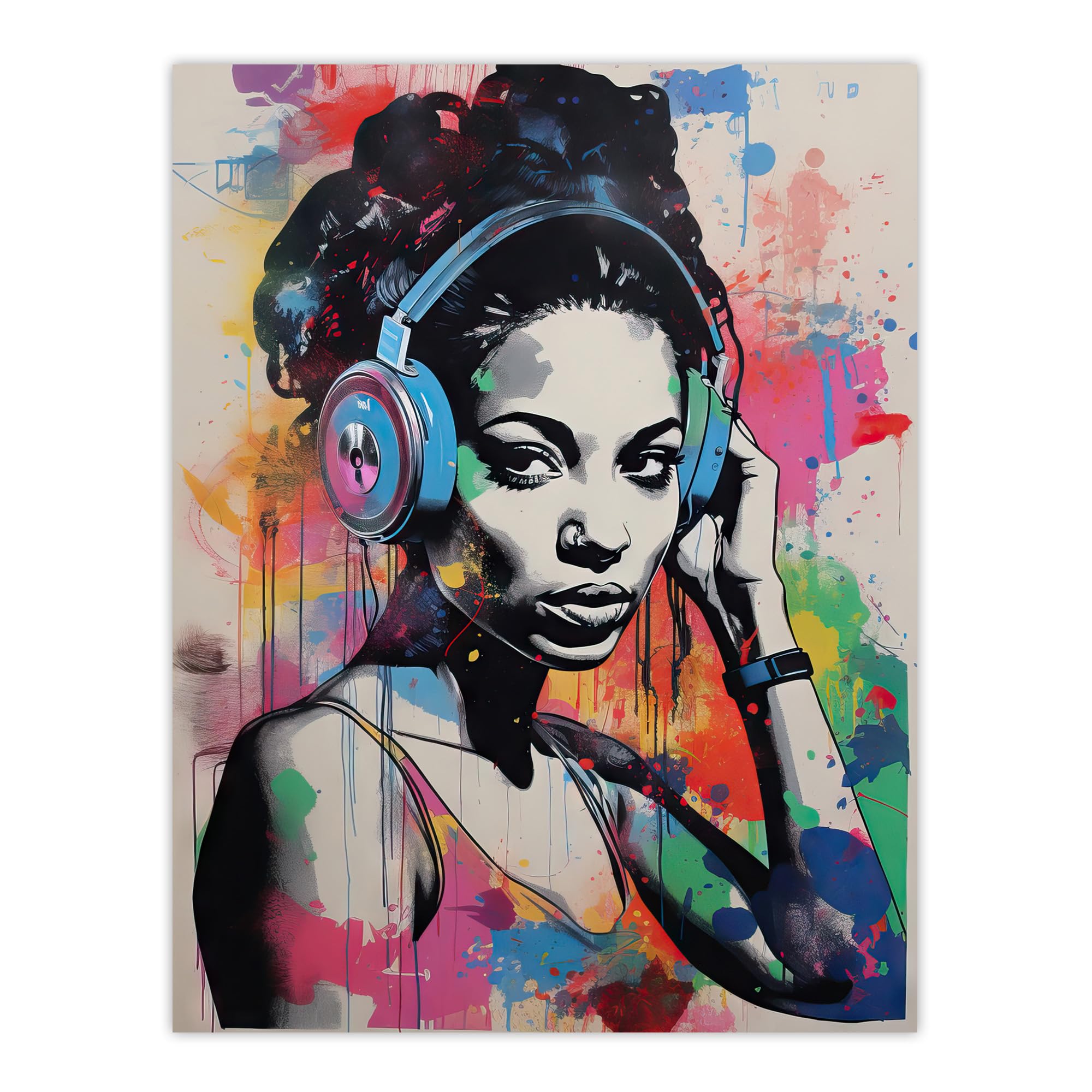 Artery8 Woman Headphones Splat Art Print - Colourful Painting Wall Mural - Baltimore Club Music Poster - W24 x H32 inch