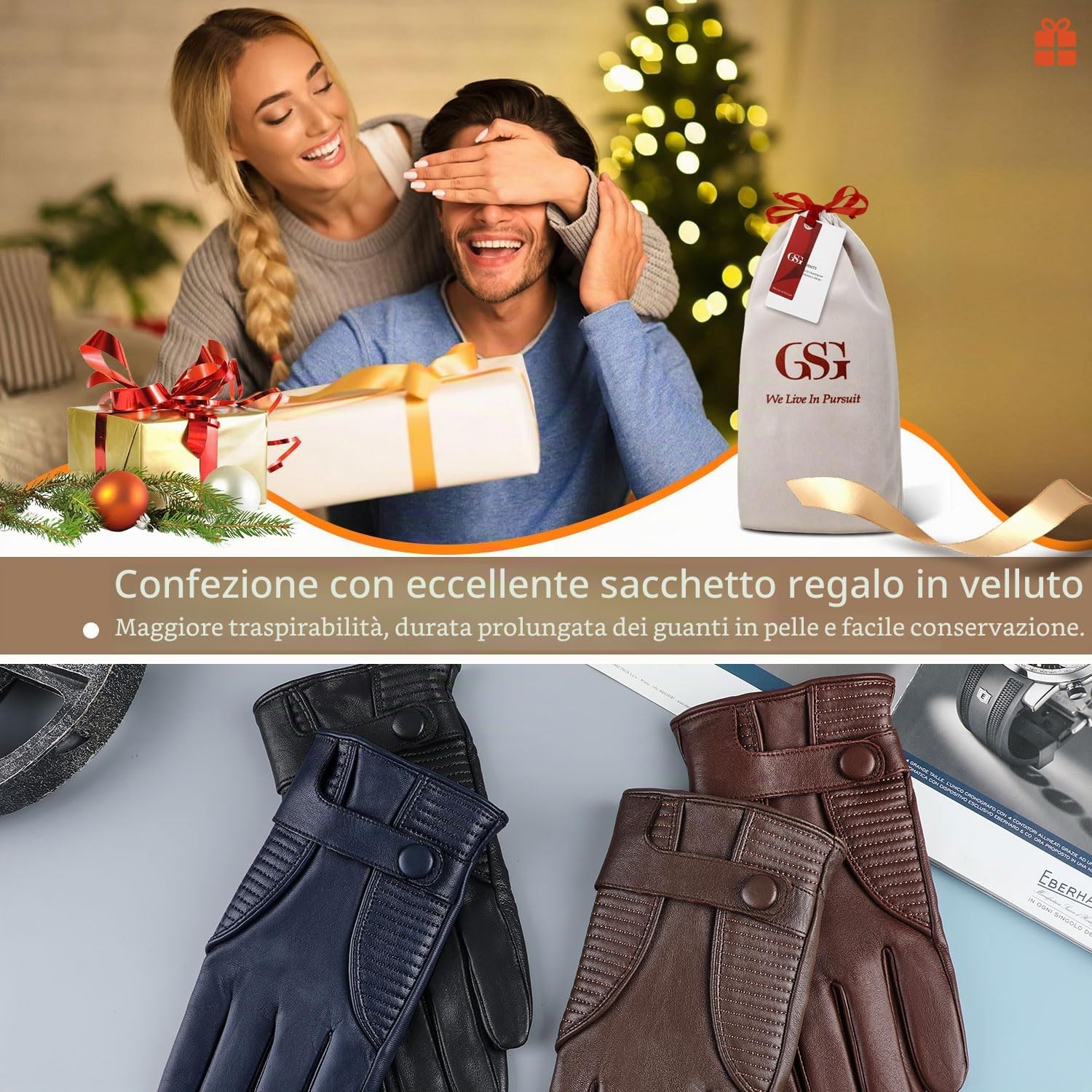 GSG SINCE 1998 Guanti Vera Pelle Uomo – Invernali in Pelle di Pecora Senza Cromo, Touchscreen, Foderati in Cachemire per Guida, M16516