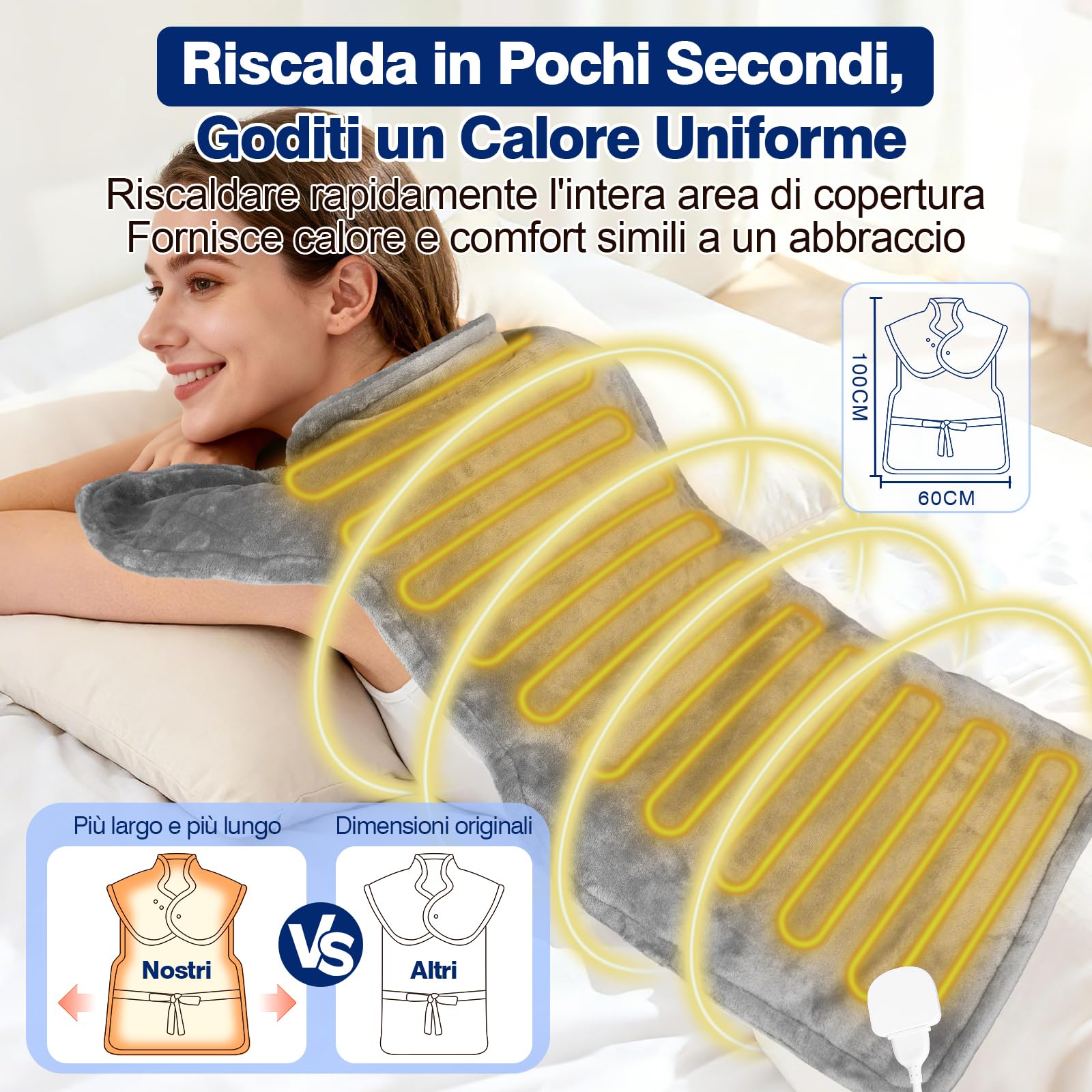 Termoforo Elettrico Cervicale e Spalle 60x100cm, 9 livelli di Riscaldamento, 4 Timer, Riscaldamento Rapido, Spegnimento Auto per Schiena Addome e Gambe, Flanella, Lavabile in Lavatrice
