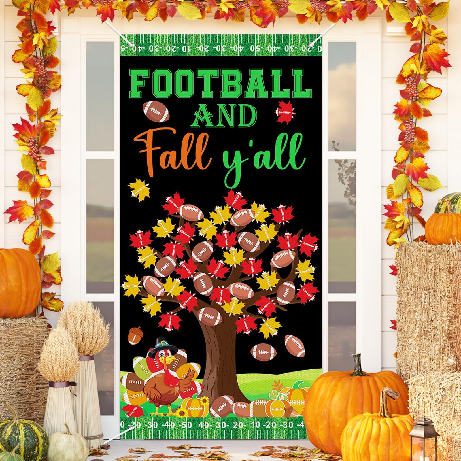Football And Fall Y’all Decorations Door Cover Fall Football Theme Banner Backdrop Autumn Turkey Maple Leaves Hanging Banner for Thanksgiving Photo
