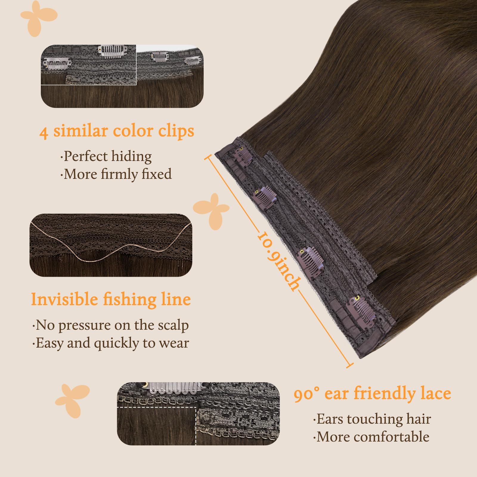 DOORES Secret Halo Hair Extensions Echthaar, 50cm 110g Schokoladenbraun Remy Human Wire Hair echthaar extensions, Unsichtbare transparente Linie Verstellbare Haarteile