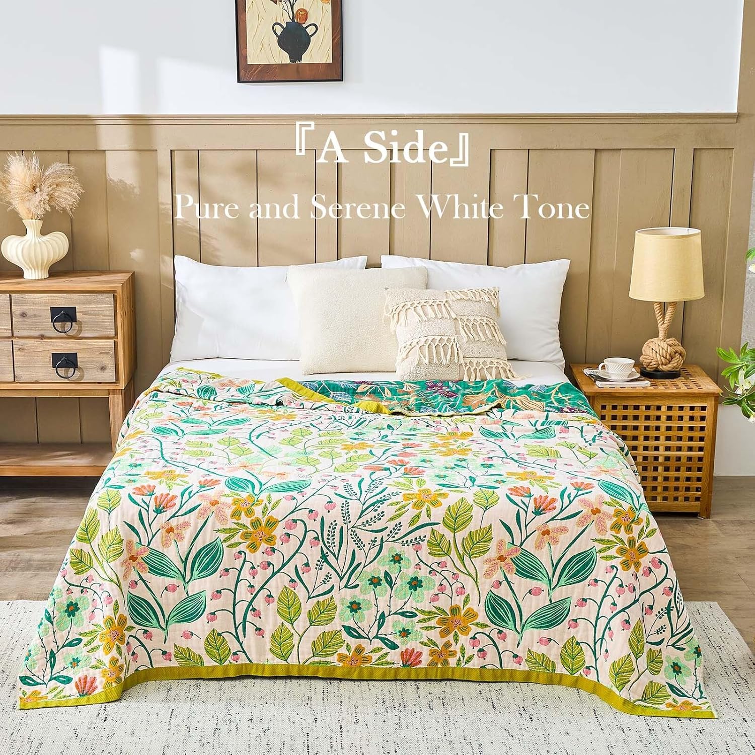 Beige Boho Throw Blanket, 100% Cotton Blankets for Couch Bed, 50"x60"Cotton Quilt Travel Muslin Blankets Farmhouse Home Decor Soft Lightweight Picnic Blanket for Summer - Image 2