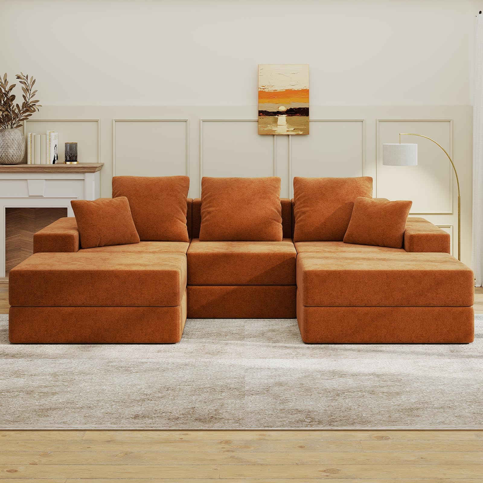 Living&Giving（WALKBON） Living&Giving 101" U-Shaped Cloud Sectional Couch for Living Room, Cloud Boneless Couch-No Assembly with Reversible Chaise, Customizable 3-Seat Modular Sectional Sofa with 2 Ottoman, Orange
