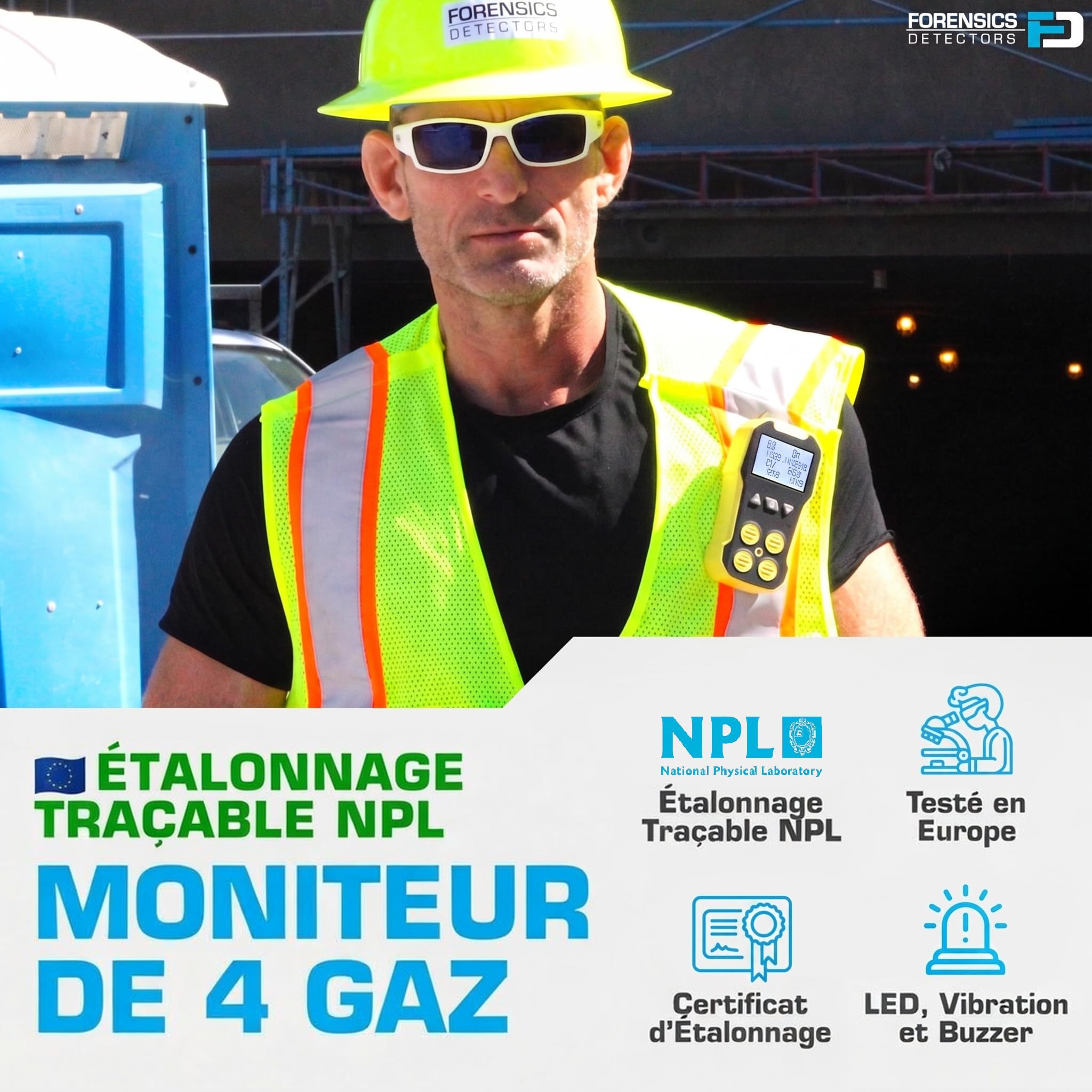 Détecteur 4 Gaz | O2, CO, H2S, LEL | Certificat d'Étalonnage UE | Recharge USB | Alarmes Sonores, Visuelles et par Vibration | Grand Écran Rétroéclairé |