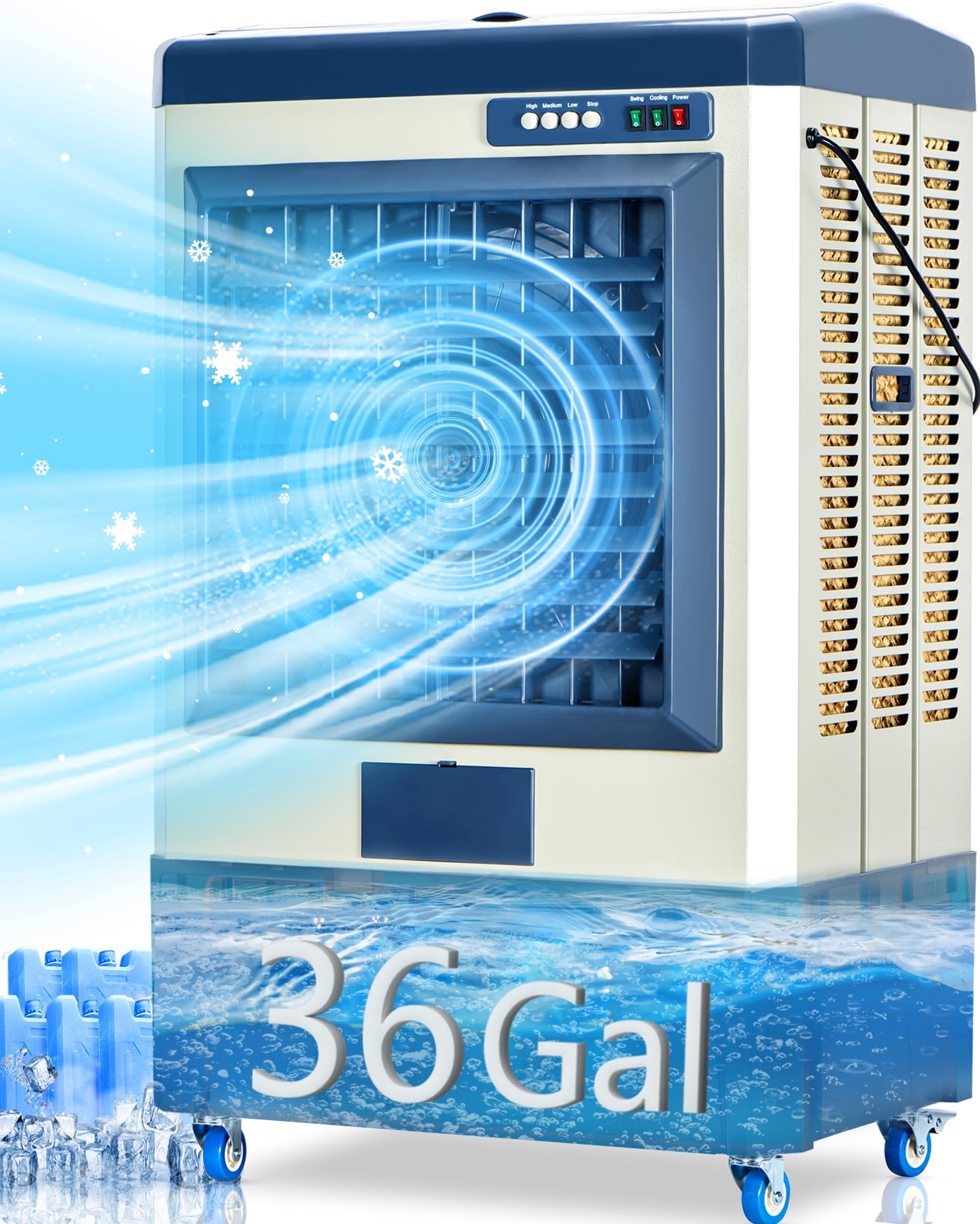 Uthfy 58" Swamp Cooler, 8979 CFM Evaporative Air Cooler with 36 Gallon Water Tank, Portable Outdoor Air Conditioner with 5 Ice Pack, 110° Oscillation, 3 Speed for Garage, Yard, Commercial Use