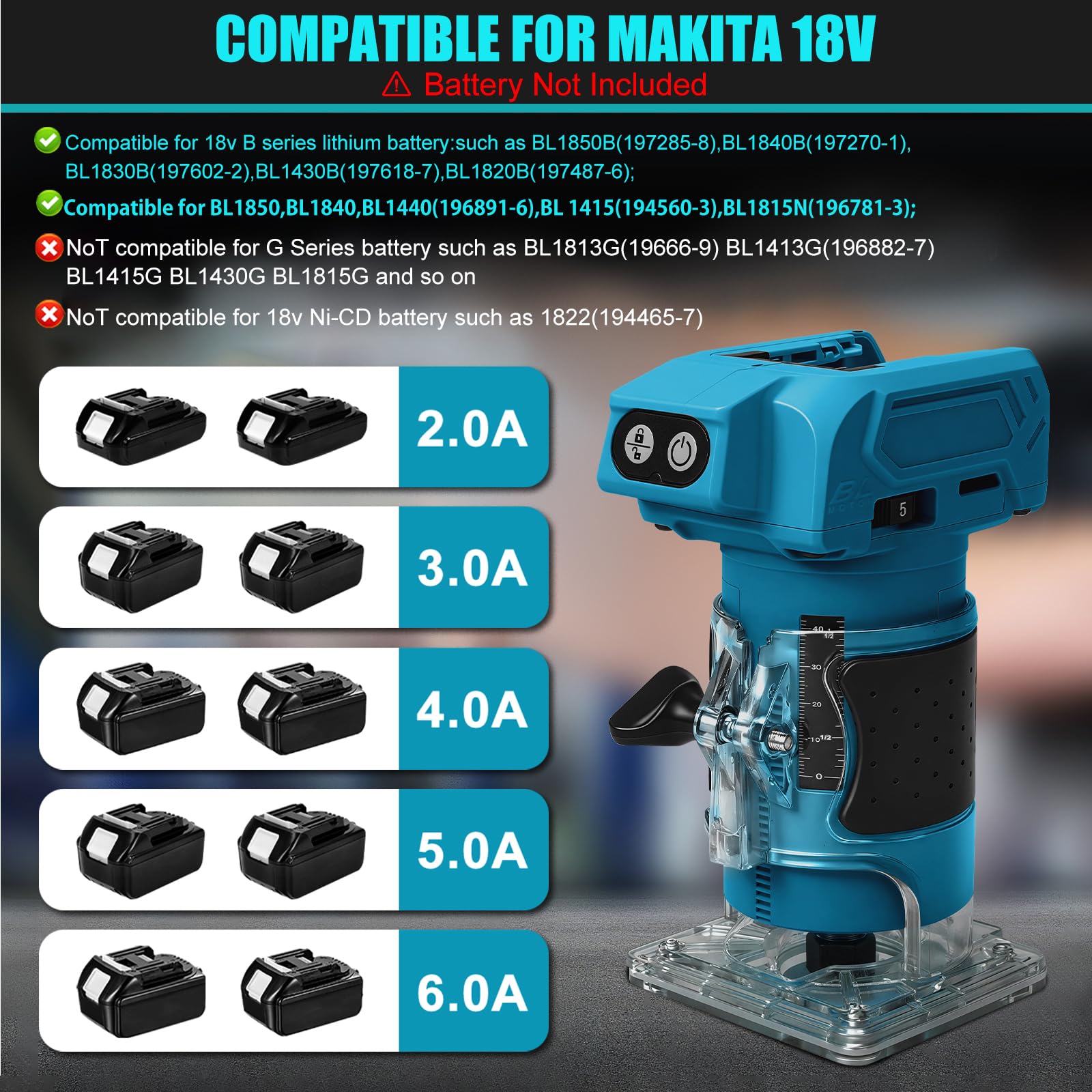 Makita 18V Fresa a Batteria 800W Senza Spazzole 5 Velocità 6,35mm 30000 giri/min