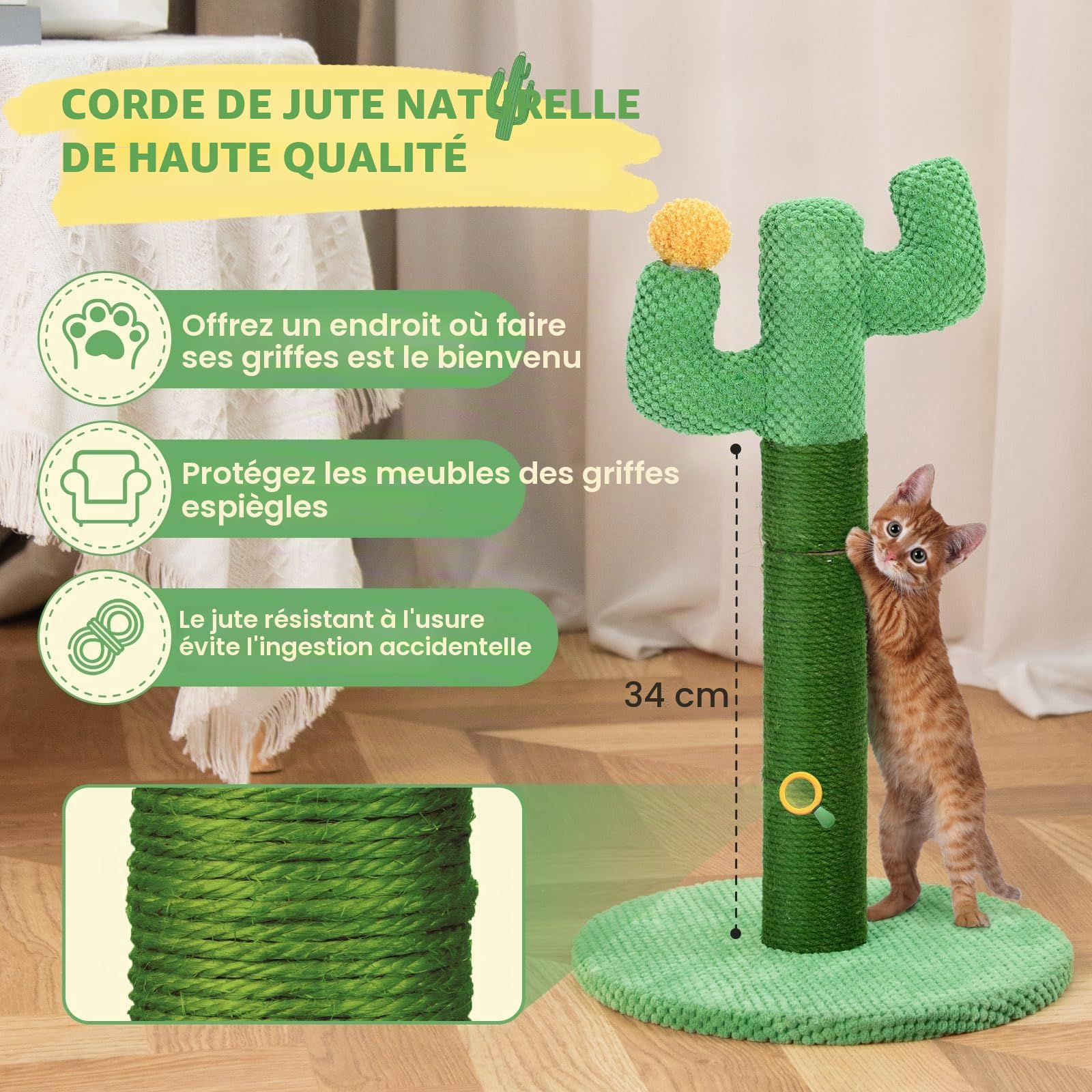 Happy & Polly Cactus Griffoir pour Chat 50 cm - Poteau en Corde de Tissu Résistant Jute Naturel - Grattoir Base Stable pour Chatons et Chats Adultes d'Intérieur - Vert