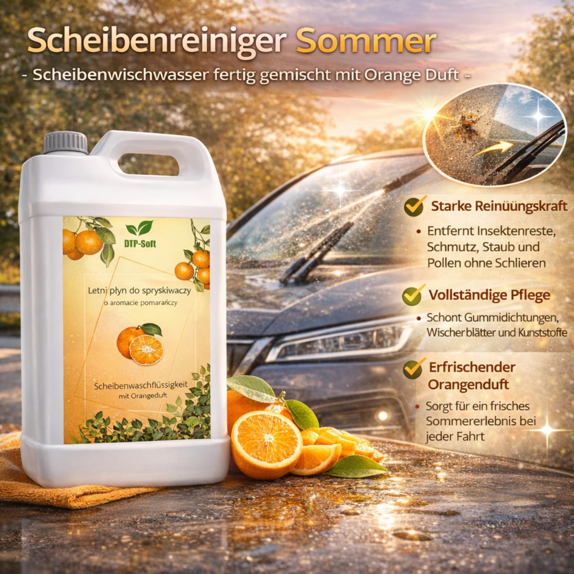 Scheibenreiniger 20L / 1x20 liter Sommer - Scheibenwischwasser fertig gemischt mit Orange Duft - streifenfrei gegen Insekten Schmutz Pollen