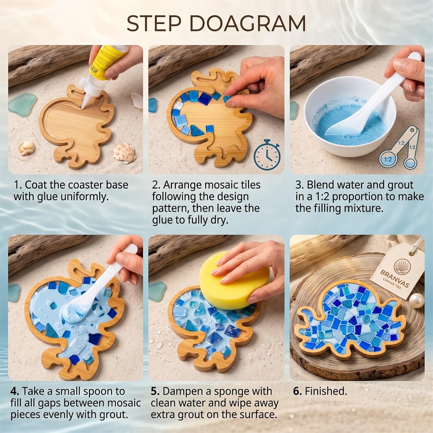 Jlpawsecc 6 Sets DIY Mosaic Kits for Adults, Ocean Mosaic Tiles for Crafts Mixed Color Glass Mosaic Kits with Wooden Coasters for Drinks Tray Handmade Home Decoration and Gift Idea