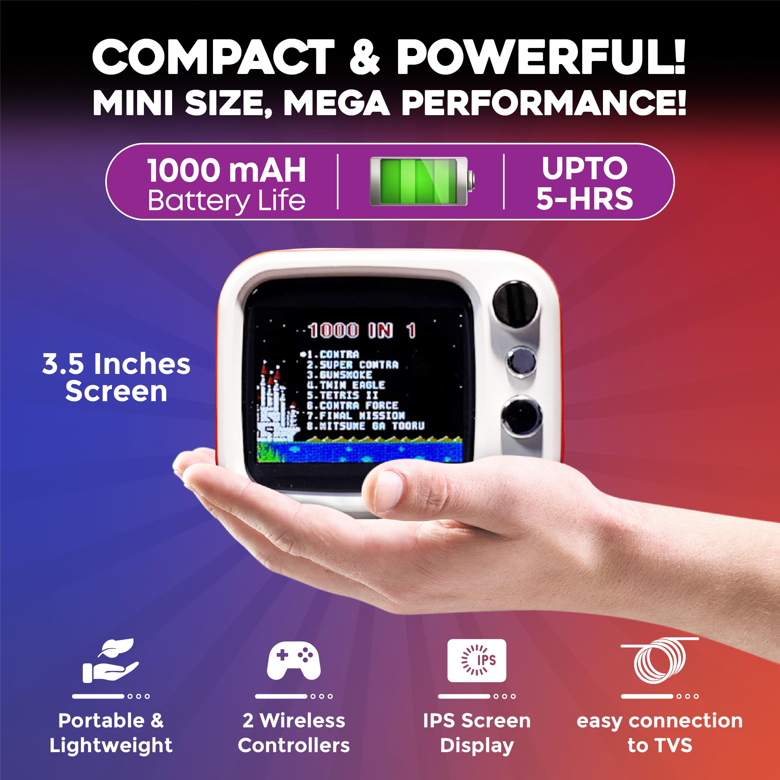 Tiny Arcade TV 3,5" Mini Retro Game - Console TV giocabile a due giocatori e con gameplay e suono reali, oltre 700 videogiochi classici, H7 (rosso)