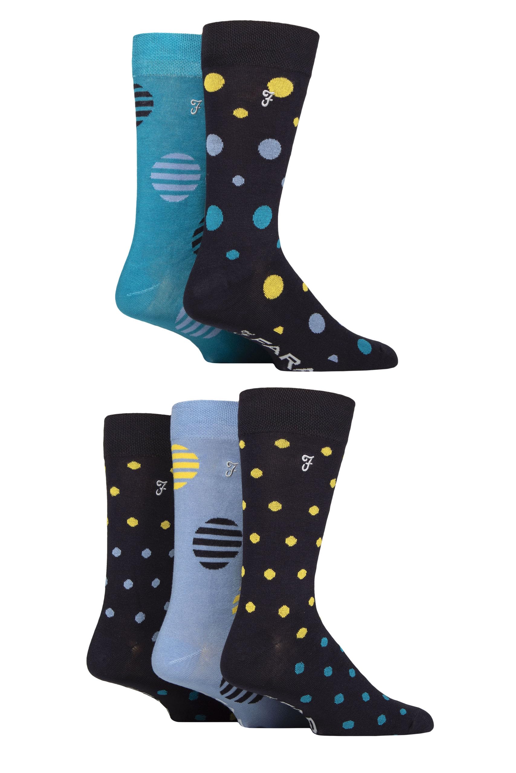 Farah Mens Bamboo Socks Plain and Patterned Striped Argyle Spotty Designs, Bright Colourful, Gift for Him, 5 Pairs - Spotty Dark Navy/Yellow/Teal 6-11