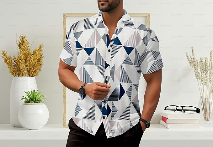 ZEKU Men's Geometric Pattern Short Sleeve Button Down Shirt