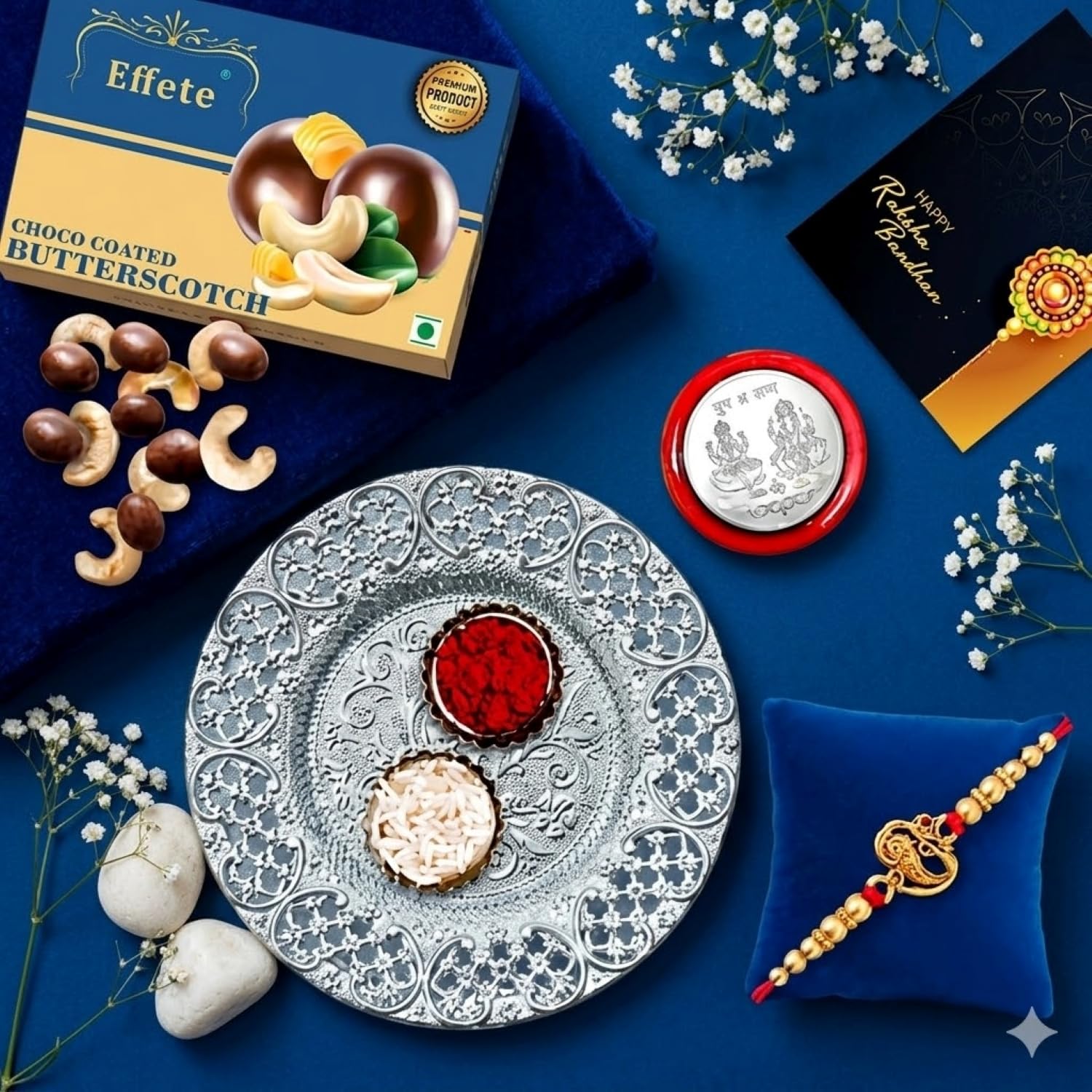 deodap multicolor layered flower rakhi / bracelet & effete chocolate butter scotch 32gm & pooja thali with silver color pooja coin, roli chawal & greeting card, occasion, rakhi for brother with gift, rakhi with chocolate, rakhi combo for brother, set of 1 rakhi, rakhi chocolate gift combo (k1_501_bs32+ds)
