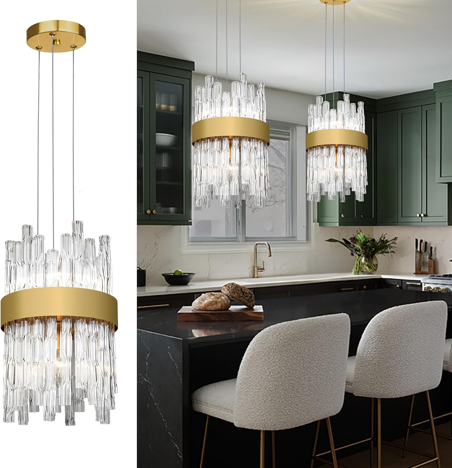 Modern Gold Pendant Light, Elegant Water Ripple Glass Shade, Height Adjustable Kitchen Island Chandelier for Dining Table, Bedroom