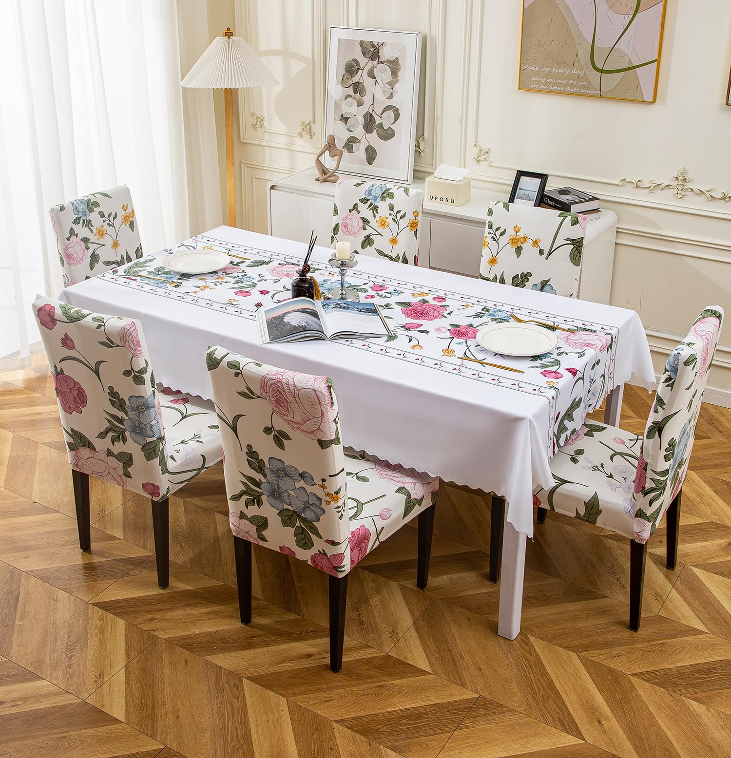 House of Quirk Rectangular Dining Table Cover Waterproof for Kitchen Dining, Polyester Table Cloth Dust and Oil Repellent, Kitchen Décor ((140x180cm, White Pastel, 1 Table Cover + 4 Chair Cover))