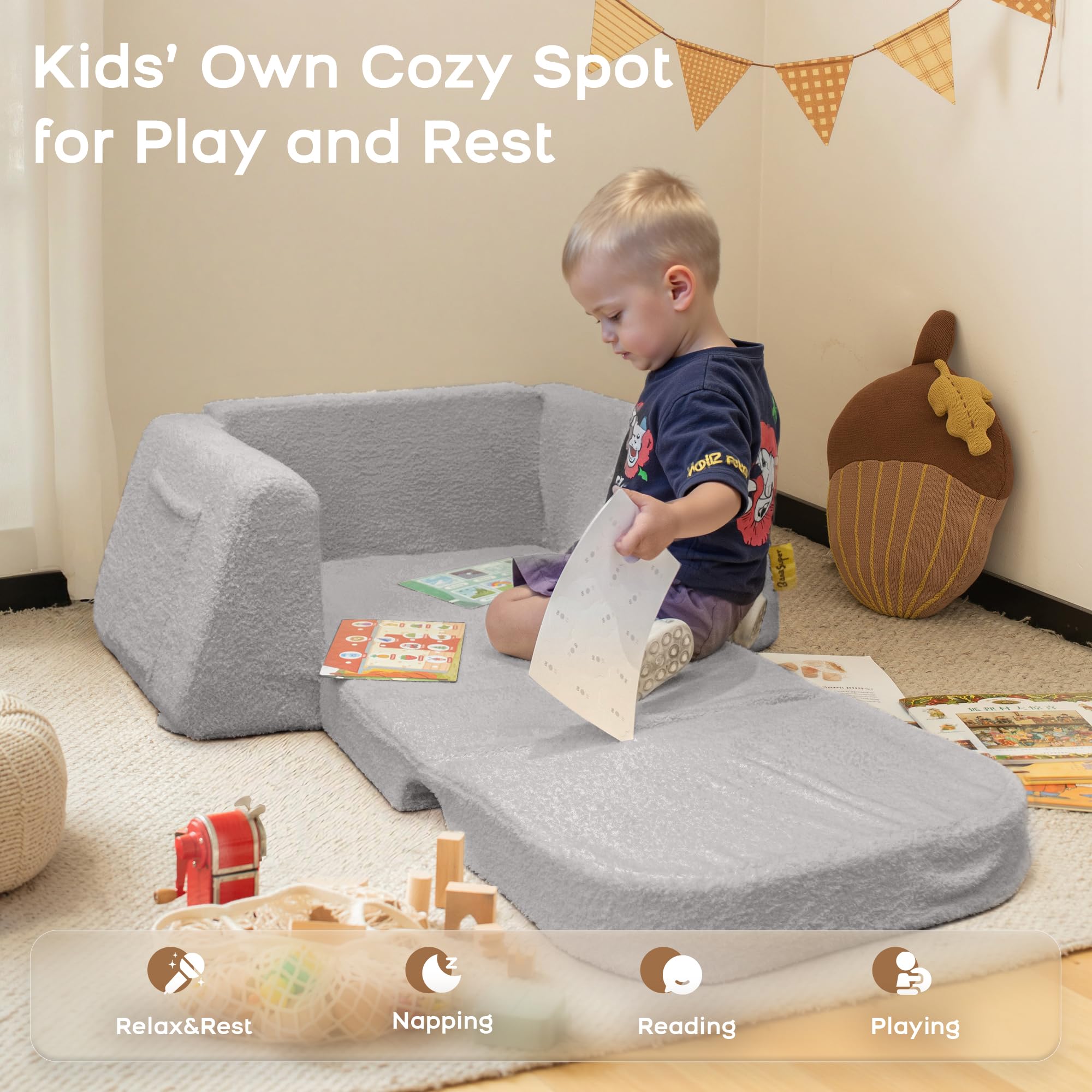 BanaSuper Poltrona Letto Bambini 2-in-1, Divano per Bambini con Tasca in Stoffa, Divano Convertibile e Lettino Pieghevole, Tessuto Sherpa Morbido, Copertura Lavabile, Grigio