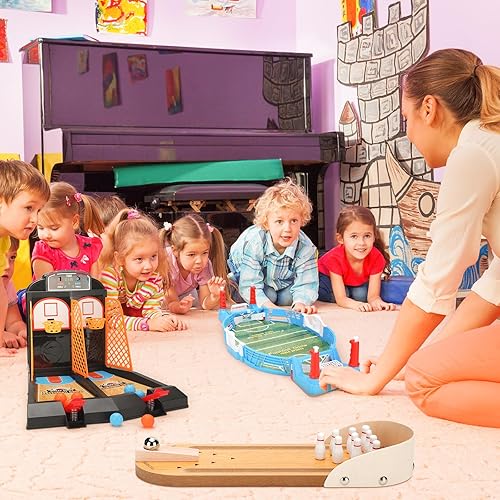 Miniatura 6 de Meooeck 3 juegos de mesa de baloncesto de arcada de escritorio, mini juego de bolos, mini fútbol de mesa, pinball de fútbol para interiores, sala de