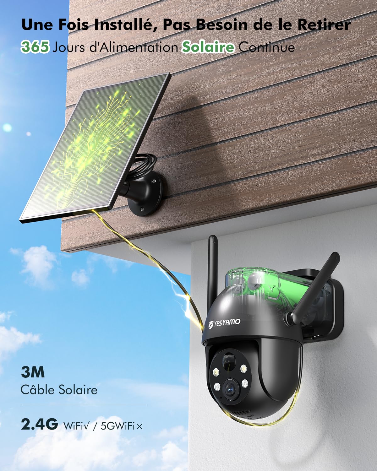 YESYAMO 2K Camera Surveillance WiFi Exterieure sans Fil Batterie | Panneau Solaire Amovible, 360° PTZ, Camera Exterieur Solaire(2.4G), Vision Nocturne Couleur, Détection de Movement, IP66