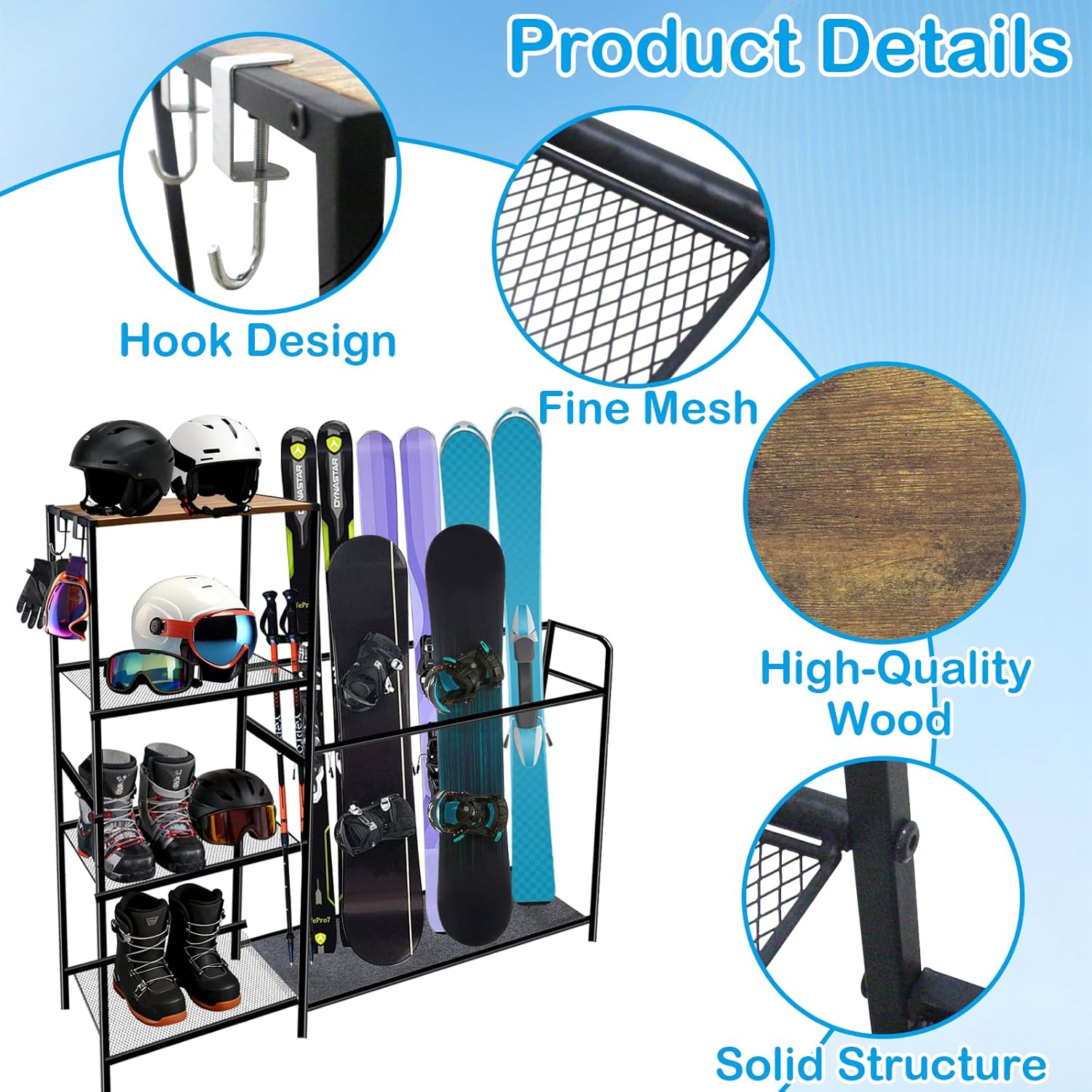 Freestanding Ski Rack for Garage - Ski Holders for 4 Pairs of Skis, Boots, Poles, Goggles, Helmets & Gear, Steel Floor Stand Ski Organizer for Garage, Shed, Basement