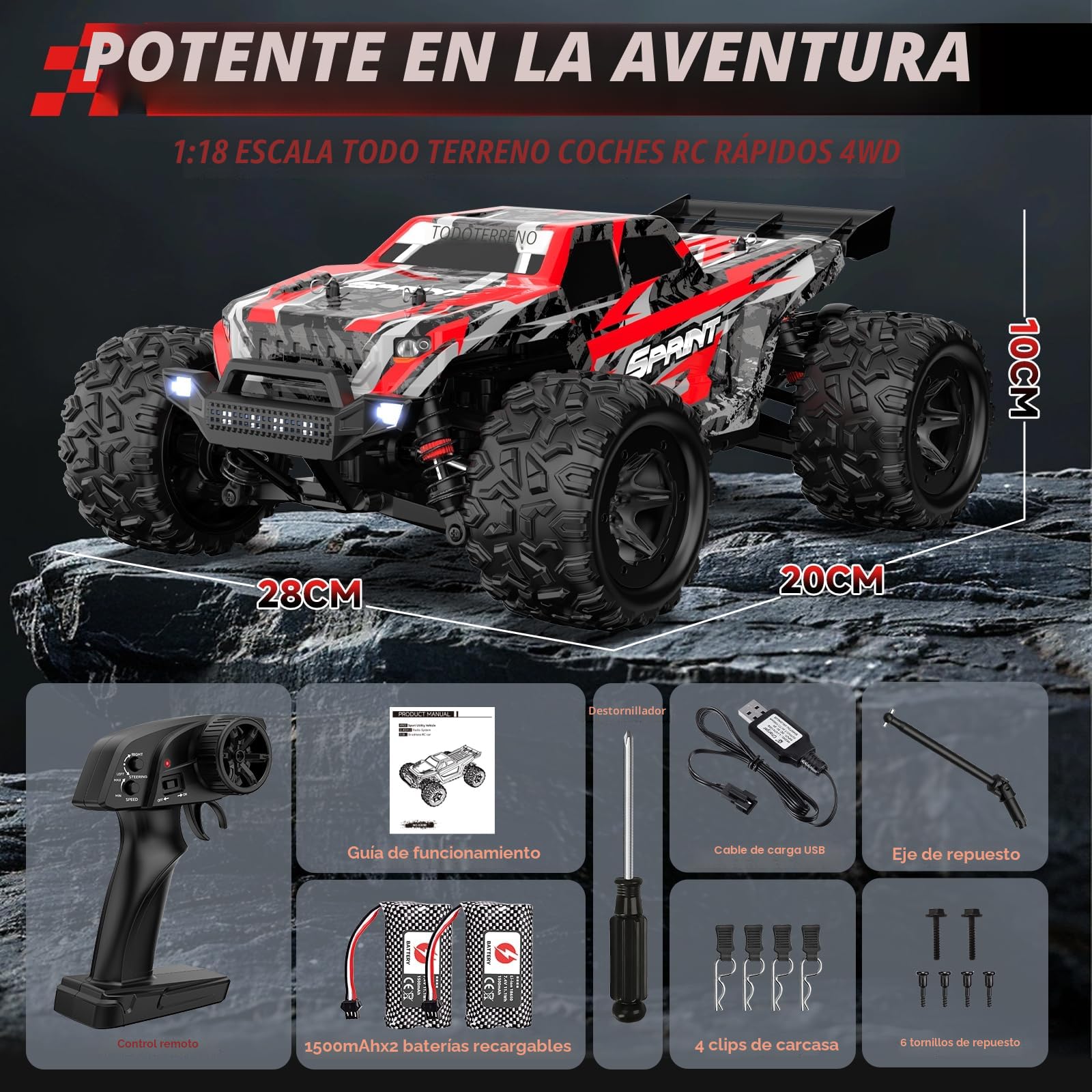 Coche Teledirigido Todoterreno 40 KM/H, 1:18 Coche Radiocontrol 2,4 GHz, 4x4 RC Drift Car Monster Truck con Luz LED y 2 Batería Recargable Control Remoto, Juguete Regalo para Adulto Niños Niñas