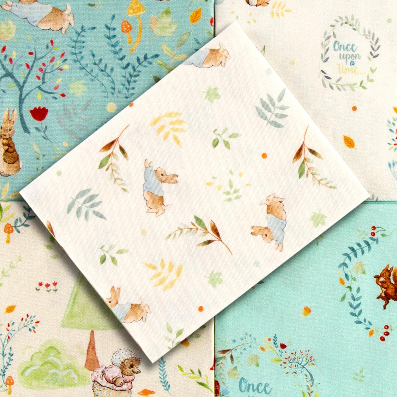 Beatrix Potter Peter Rabbit Once Upon a Time Digital Fat Quarters Fabric Bundle Pack of 5 (18''x 22'') 100% Cotton Craft Fabric for Quilting, Patchwork, Sewing, Nursery Projects