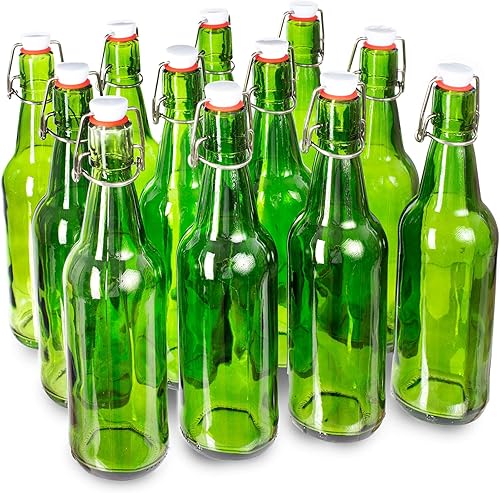 Cocktailor Botellas de cerveza Grolsch de vidrio (paquete de 12, 16.9 onzas16.9 fl oz) con cierre hermético con tapa abatibletapones abatibles,