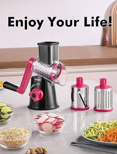 Miniatura 9 de Geedel Rallador rotativo de queso, cortador de verduras de mandolina de cocina con 3 cuchillas intercambiables, fácil de limpiar, rallador giratorio