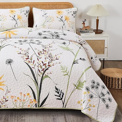 Miniatura 4 de Dobuyly Juego de edredón floral tamaño King, edredón reversible de flores botánicas blancas de 3 piezas, juego de ropa de cama de microfibra suave y