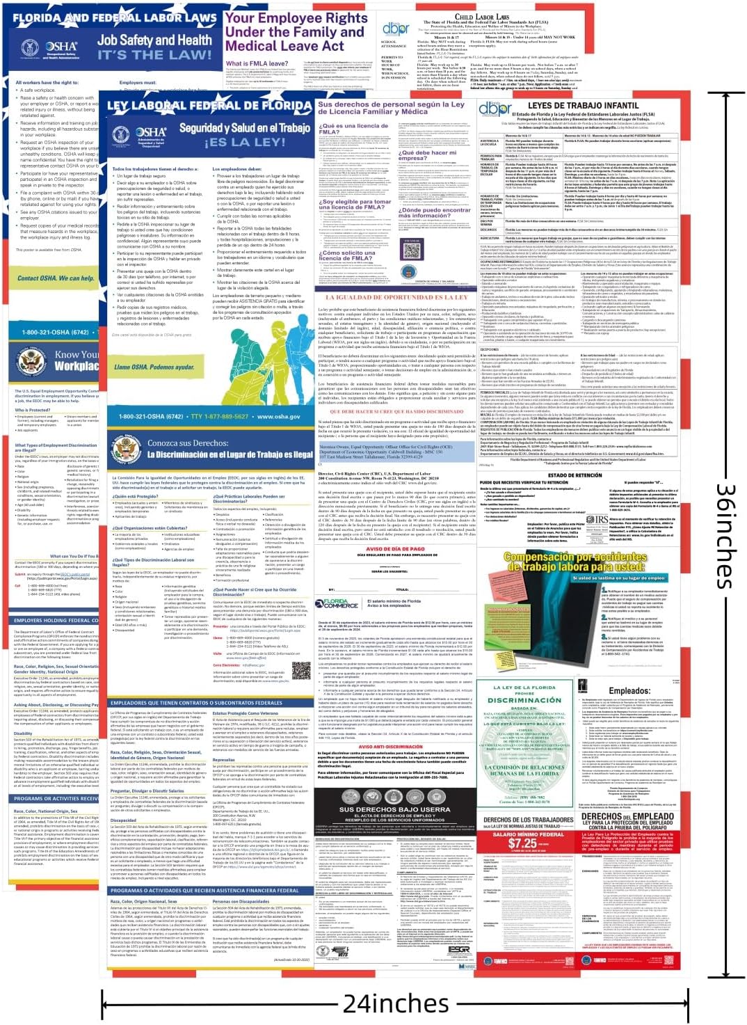 2026 Florida State and Federal Labor Laws Poster - English & Spanish Combo - OSHA Workplace Compliant - UV Waterproof Laminated 24" x 36" - Mandatory Regulations Posting for Employees - Image 2