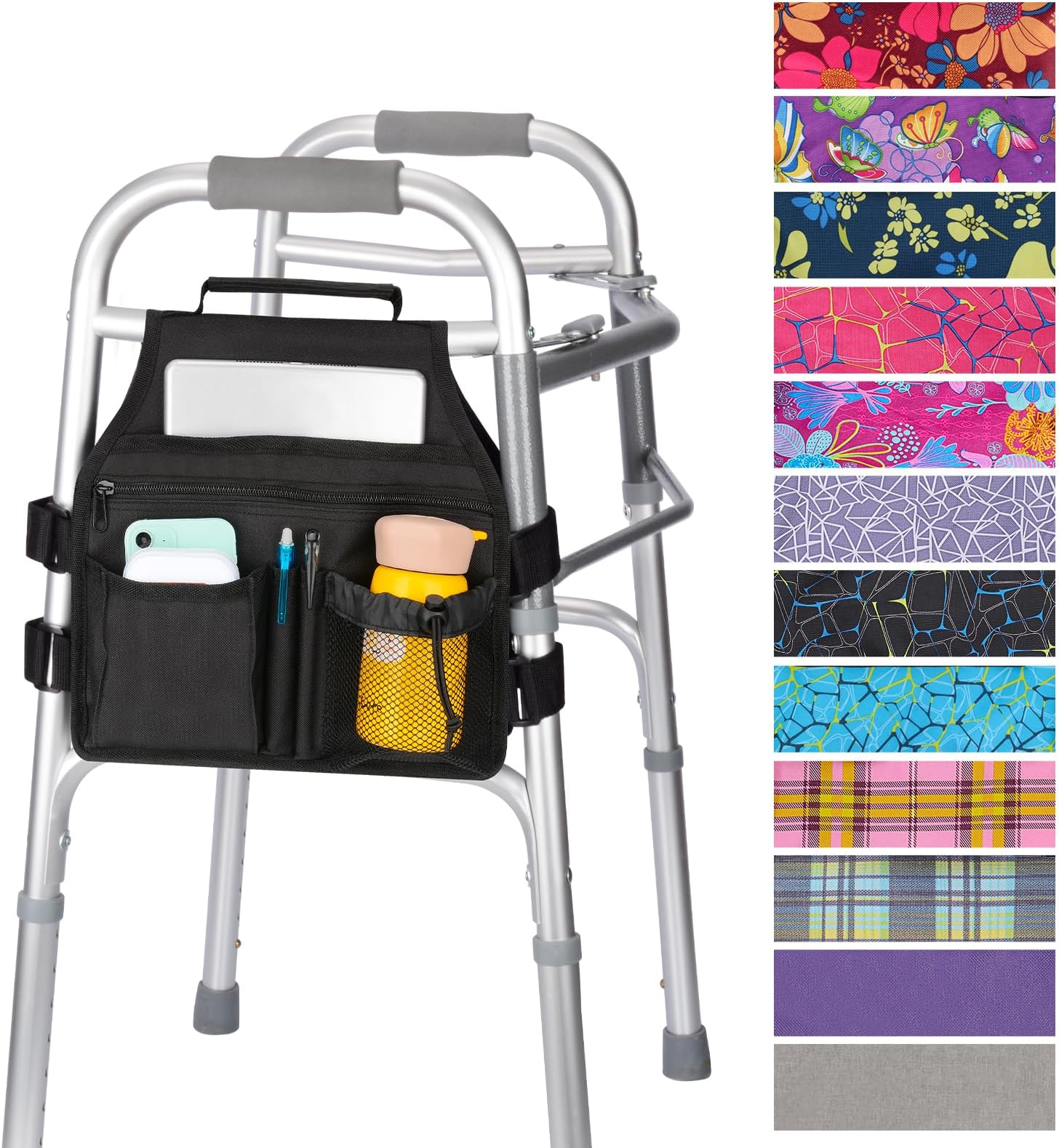 supregear Side Walker Bag, Walker Accessories Bag w/Cup Holder, Folding Walker Basket Waterproof Walker Organizer Caddy Pouch for Most Walker with Side Bar for Seniors, Elderly, Double Sided