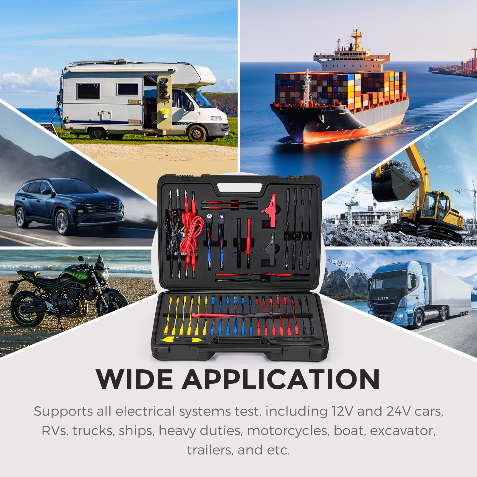 Bonvoisin 110PCS Juego de Cables de Prueba para Multímetro per Automotrice | Kit Puntas Prueba 110 Piezas, 72 Terminales, Conector SRS, Estroboscopio LED, Clavijas Banana 4mm, Sondas Perforadoras 0,5mm