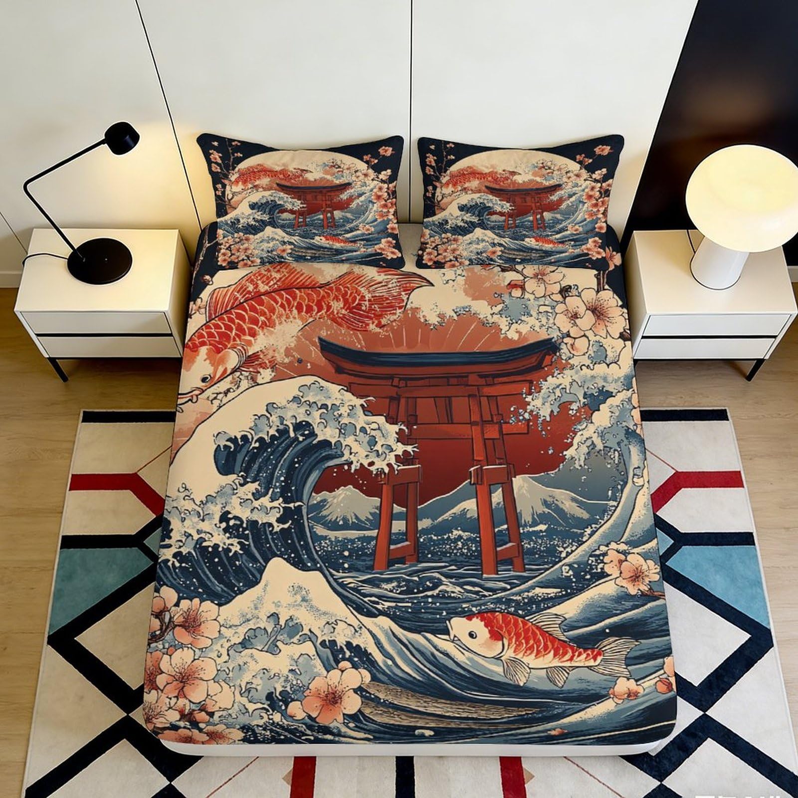 3D Printed Japanese Torii Wave Fitted Sheet Microfiber Soft Koi Fish Bed Cover for Bedroom Guest Room Decor 90x200x25cm